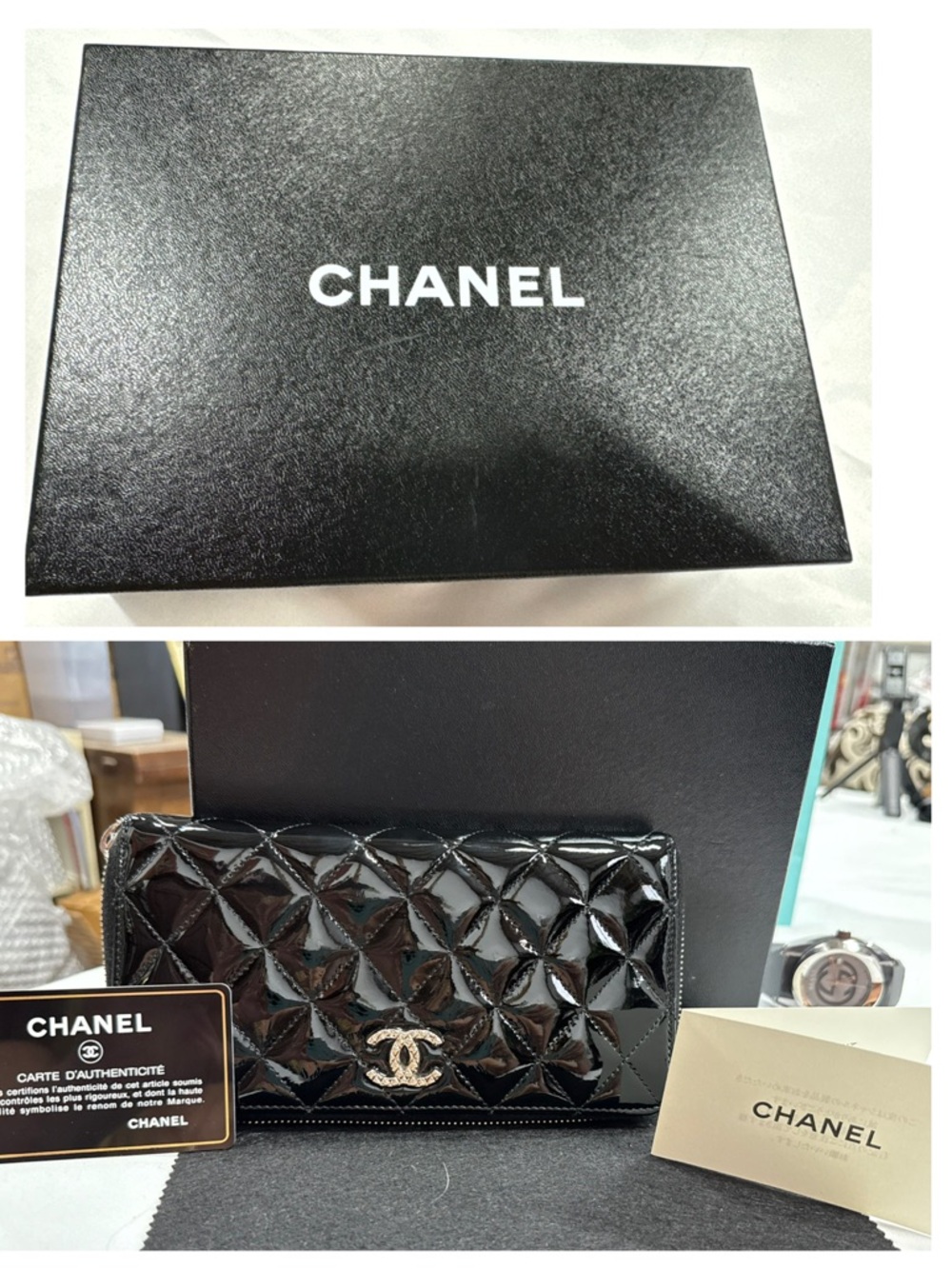CHANEL Black Quilted Patent Leather Zip Wallet - Picture 10 of 10